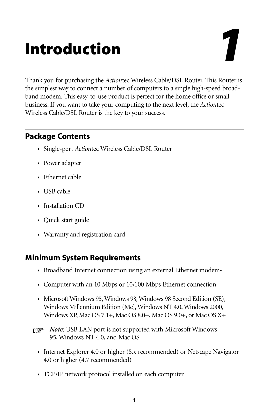 Actiontec electronic GE344000-01 user manual Introduction1, Package Contents, Minimum System Requirements 