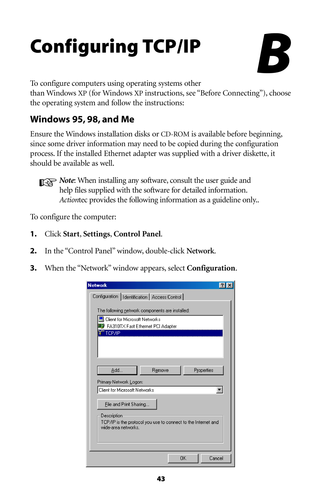 Actiontec electronic GE344000-01 user manual Configuring TCP/IP, Windows 95, 98, and Me 