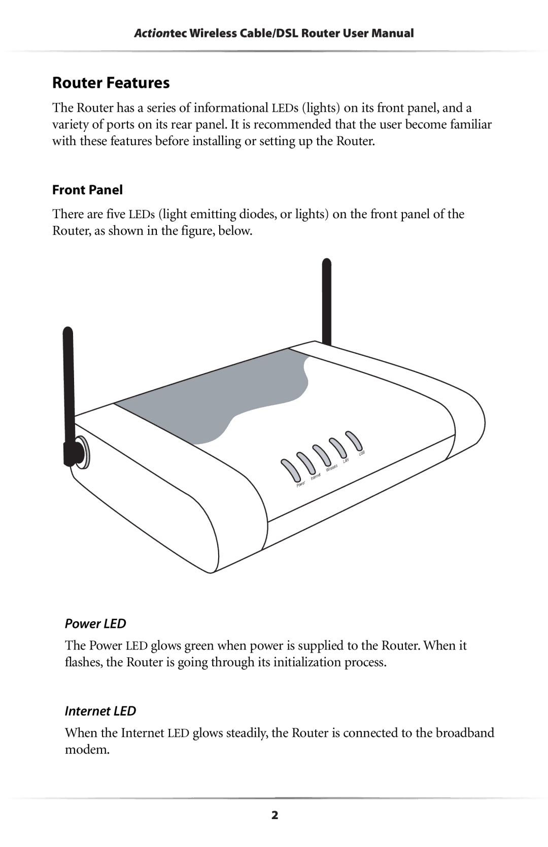 Actiontec electronic GE344000-01 user manual Router Features, Front Panel, Power LED, Internet LED 