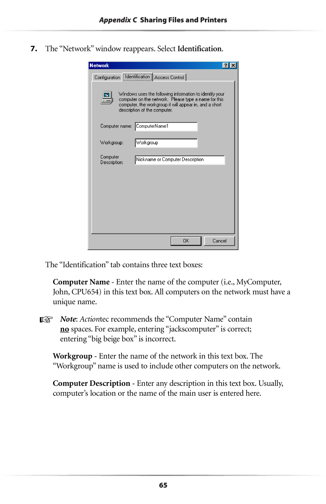 Actiontec electronic GE344000-01 user manual Appendix C Sharing Files and Printers 