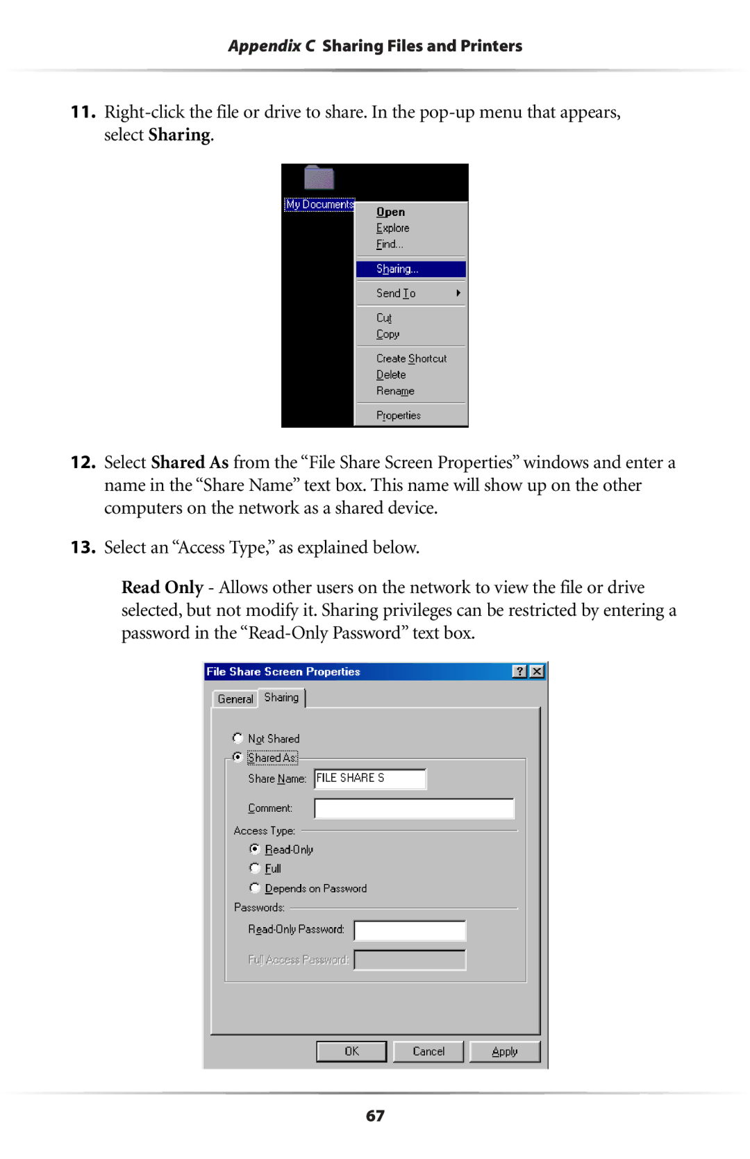 Actiontec electronic GE344000-01 user manual Appendix C Sharing Files and Printers 