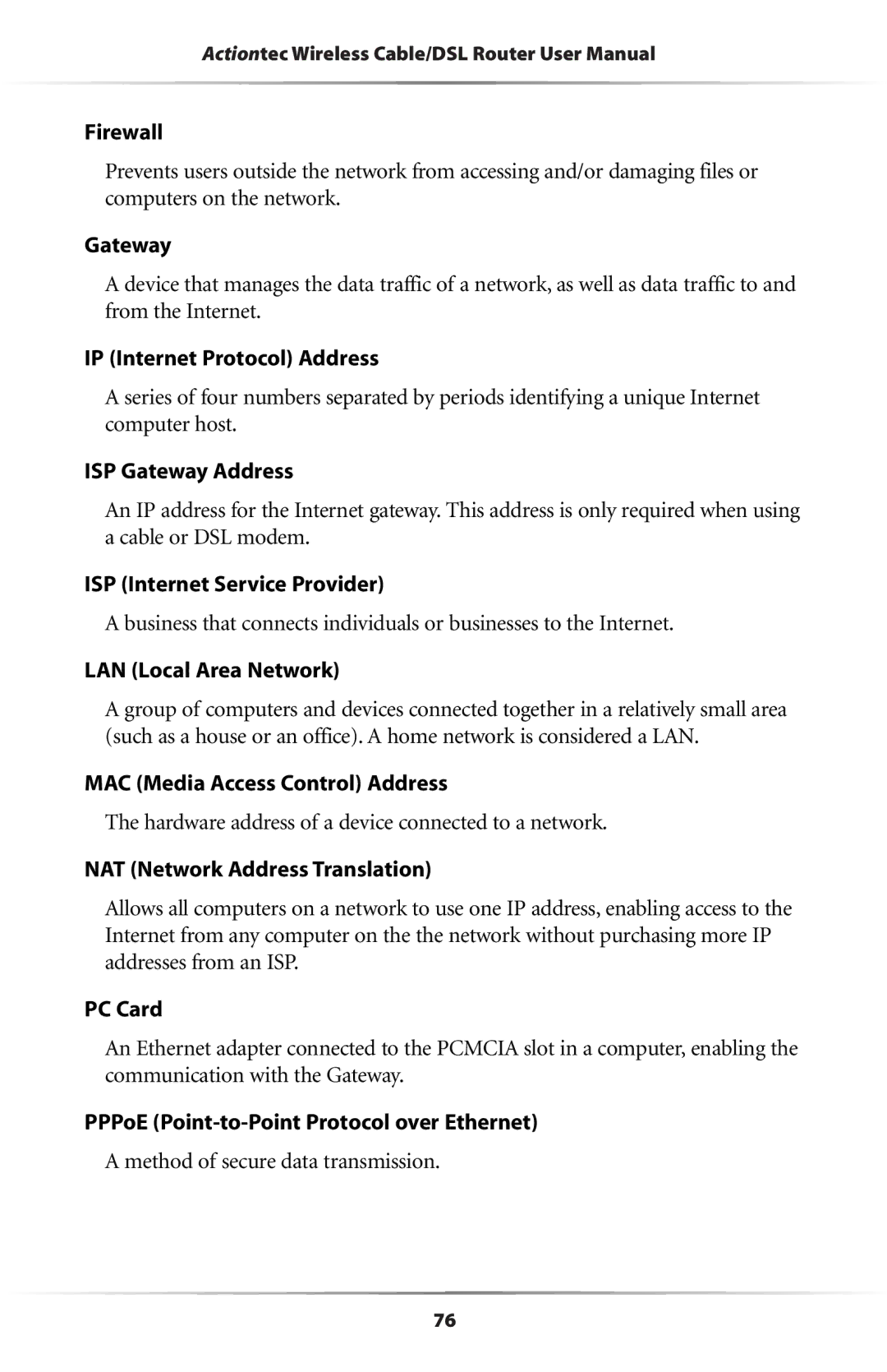 Actiontec electronic GE344000-01 Firewall, IP Internet Protocol Address, ISP Gateway Address, LAN Local Area Network 