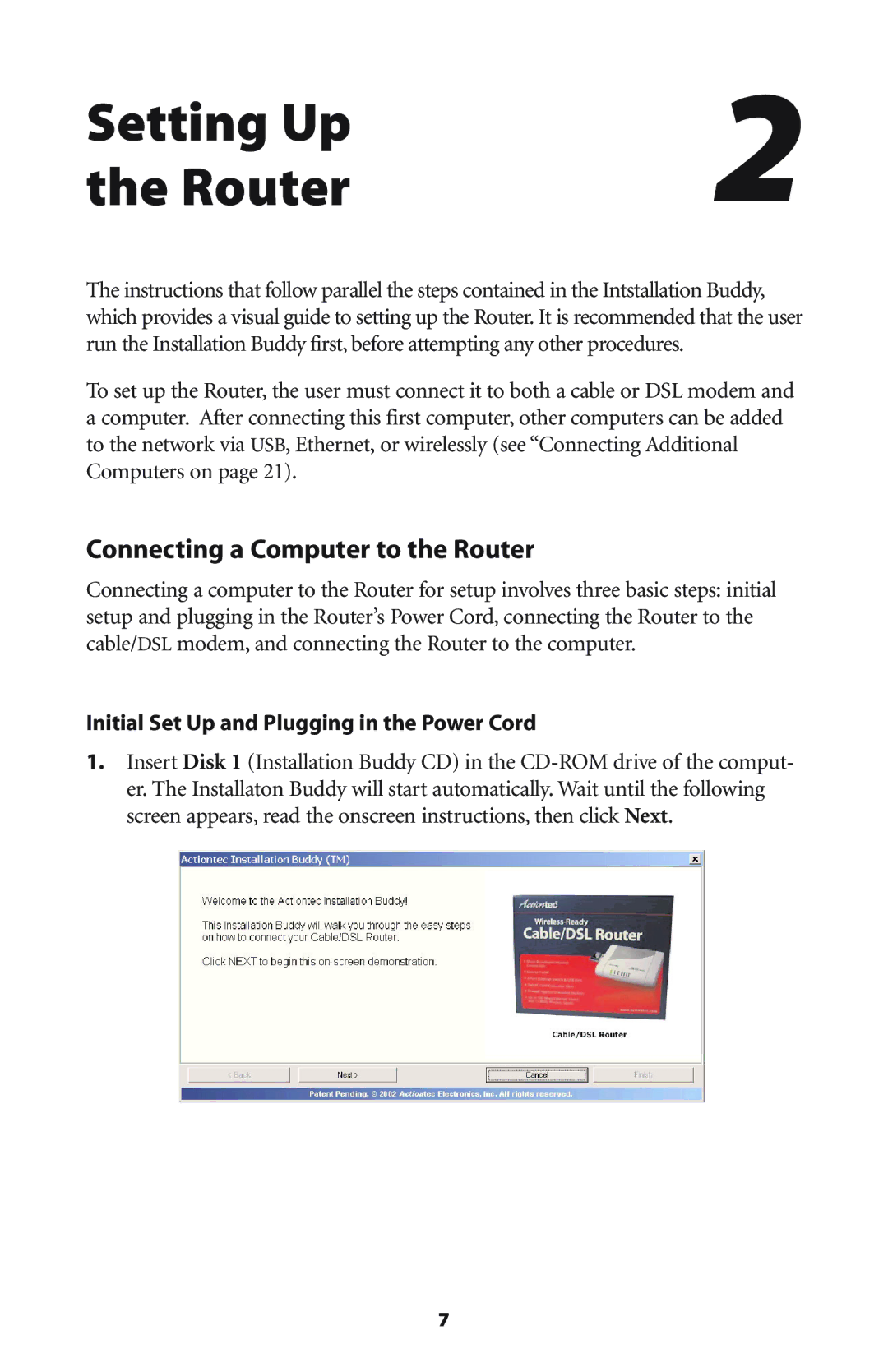 Actiontec electronic GEU404000-01 Connecting a Computer to the Router, Initial Set Up and Plugging in the Power Cord 