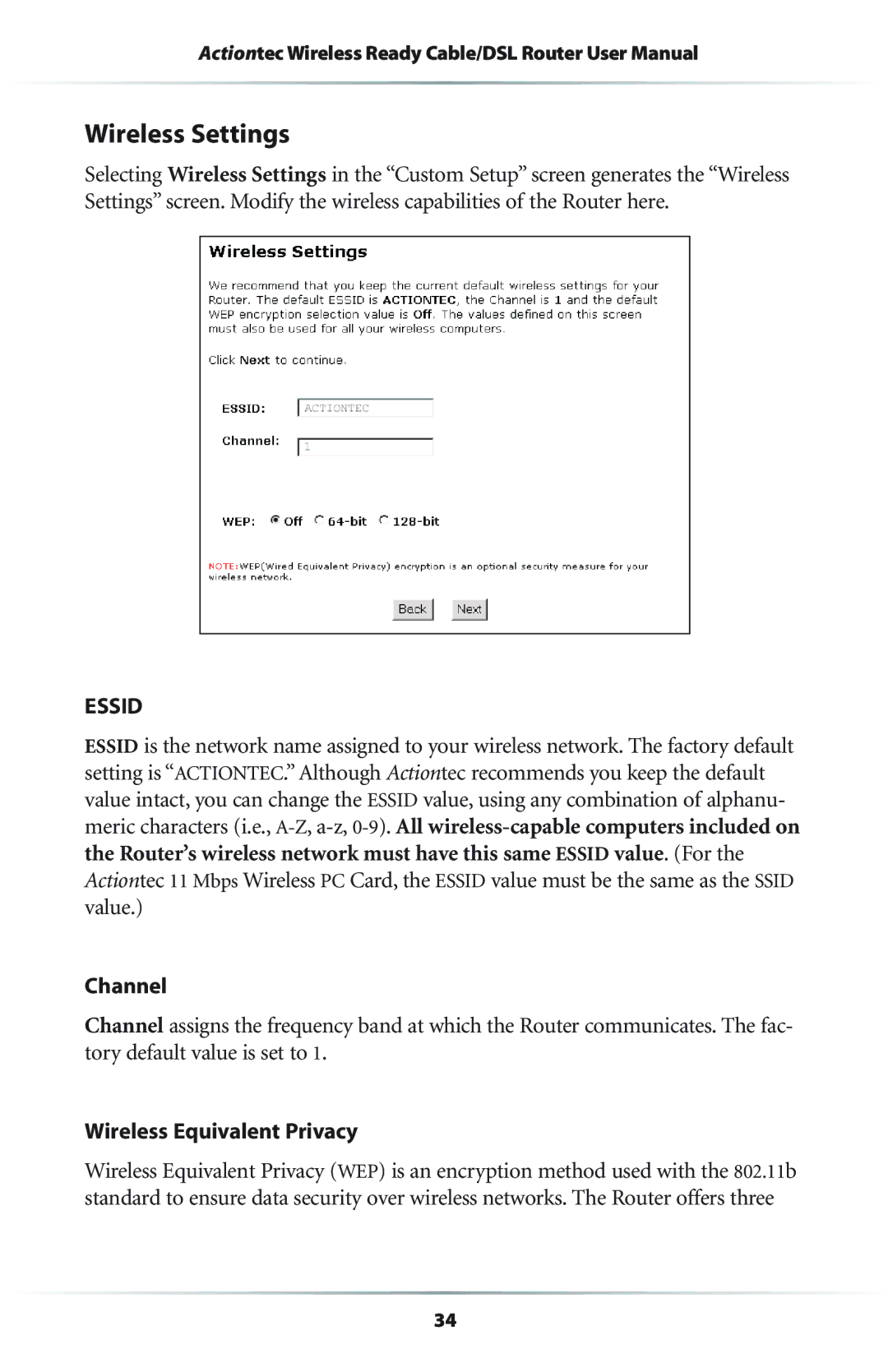 Actiontec electronic GEU404000-01 user manual Wireless Settings, Channel, Wireless Equivalent Privacy 