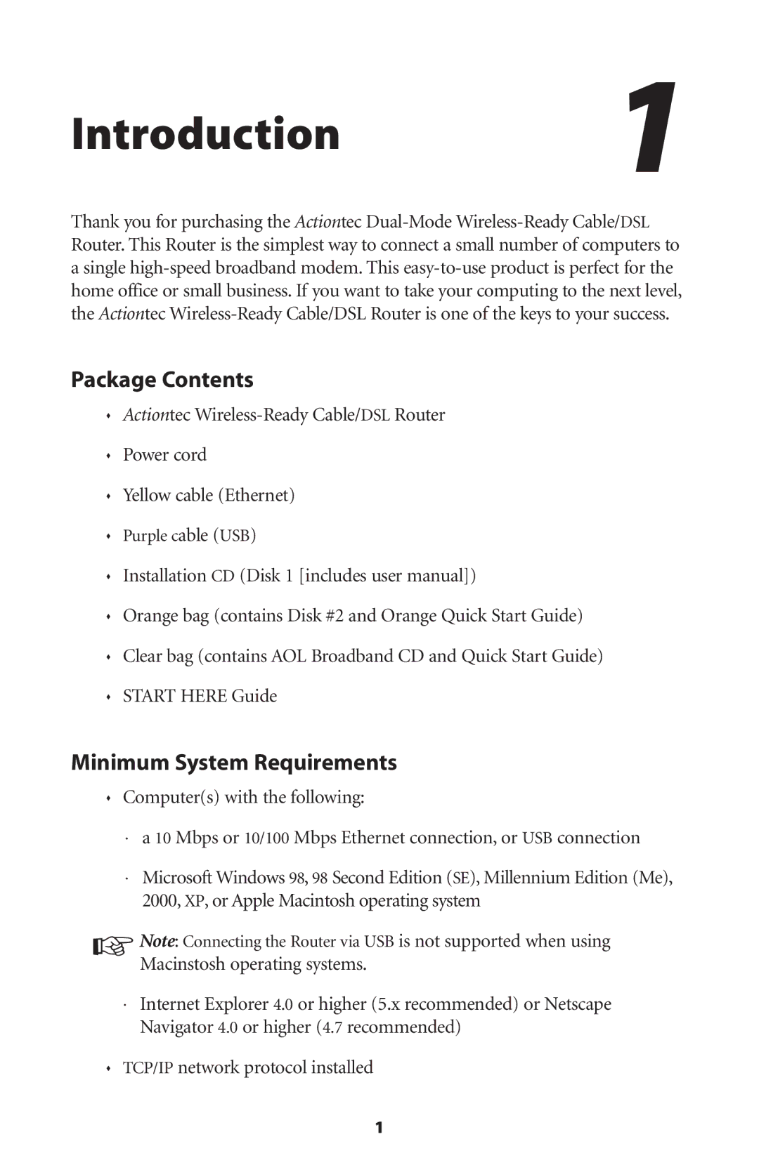 Actiontec electronic GEU404000-01 user manual Package Contents, Minimum System Requirements 