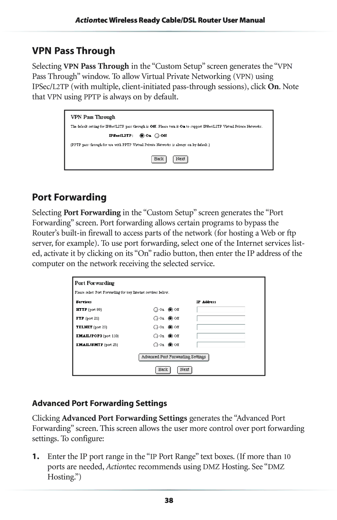 Actiontec electronic GEU404000-01 user manual VPN Pass Through, Advanced Port Forwarding Settings 