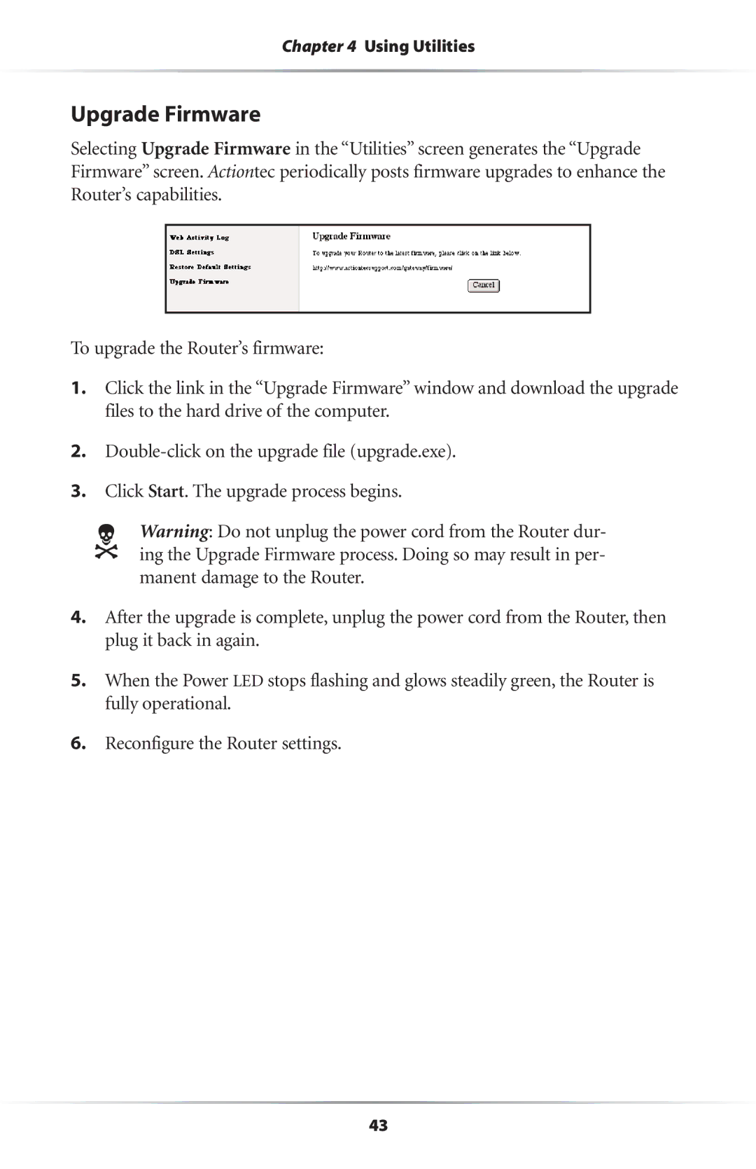 Actiontec electronic GEU404000-01 user manual Upgrade Firmware 