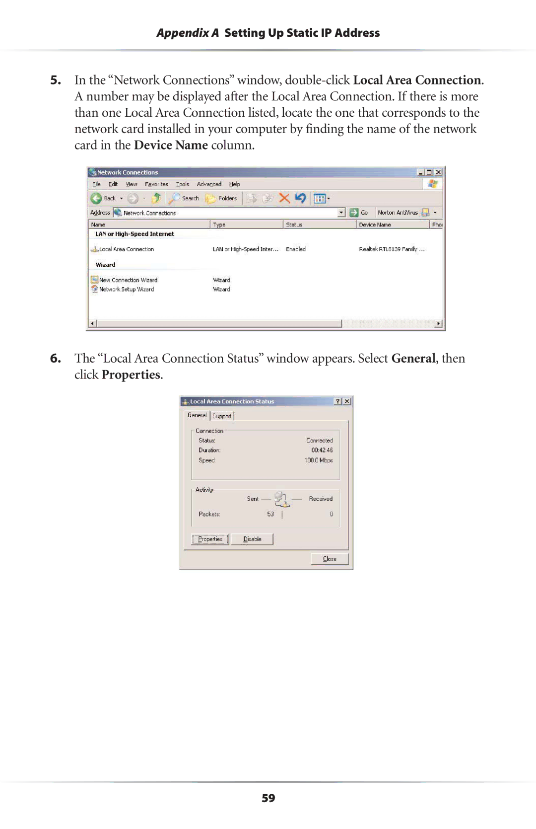 Actiontec electronic GEU404000-01 user manual Appendix a Setting Up Static IP Address 