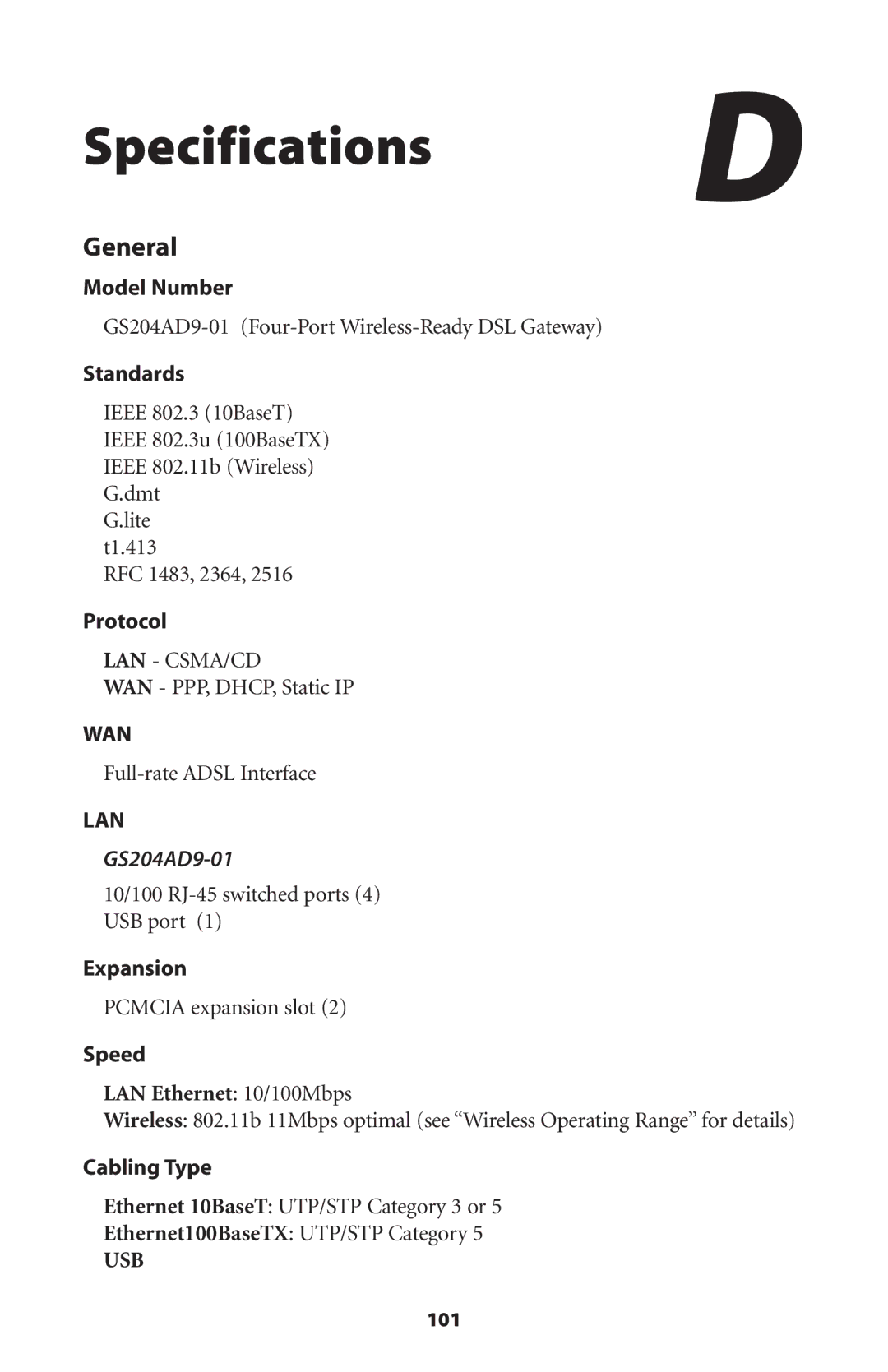 Actiontec electronic GS204AD9-01 user manual Specifications D, General 