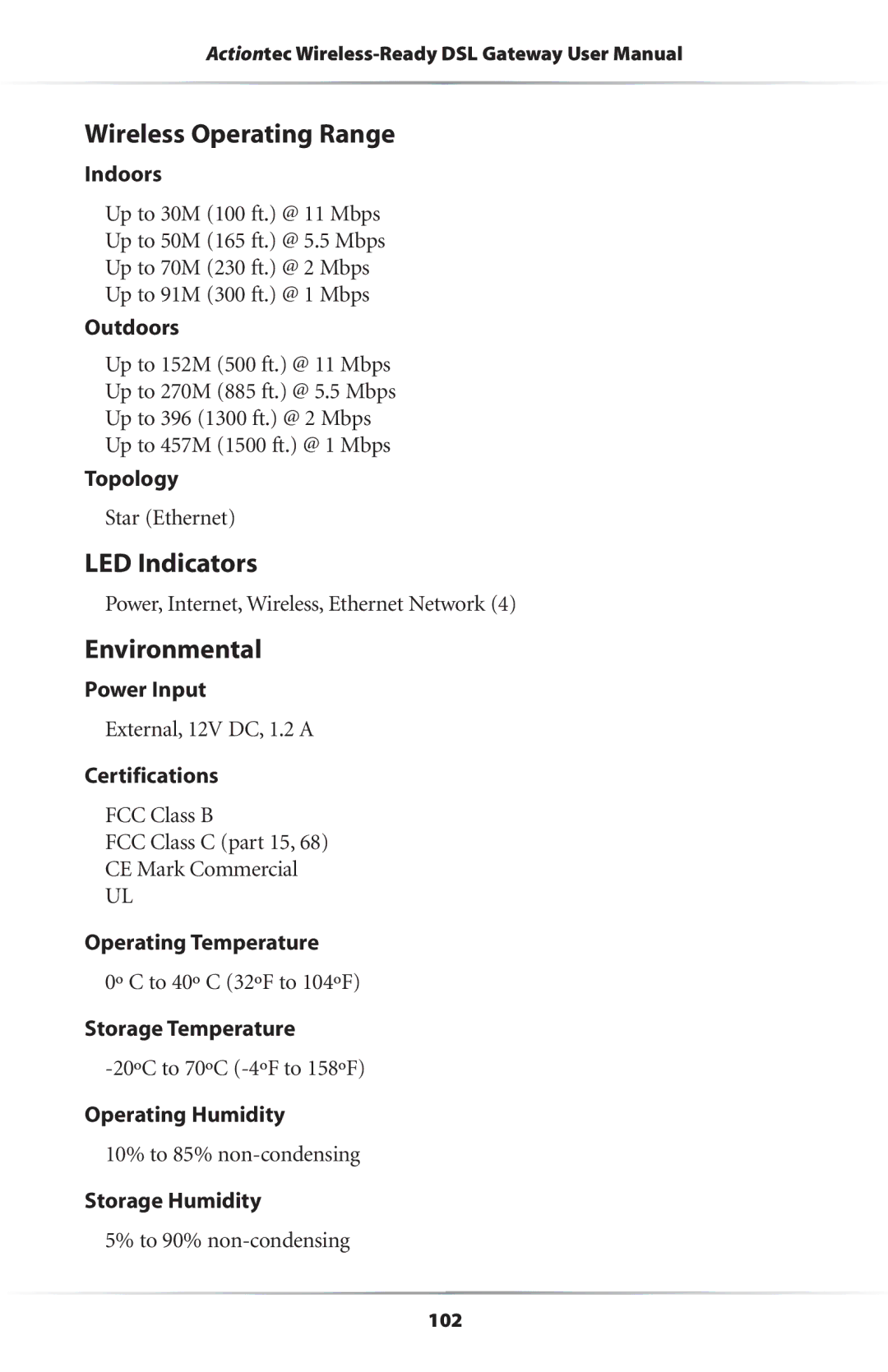 Actiontec electronic GS204AD9-01 user manual Wireless Operating Range, LED Indicators, Environmental 