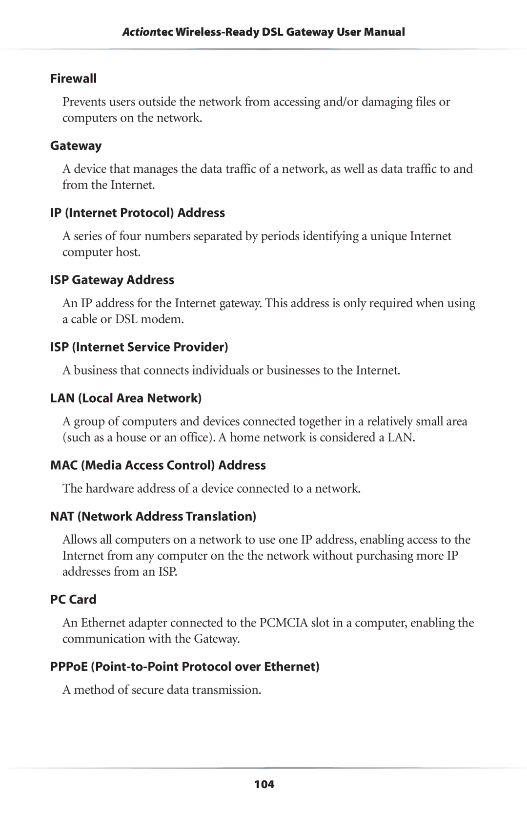 Actiontec electronic GS204AD9-01 Firewall, IP Internet Protocol Address, ISP Gateway Address, LAN Local Area Network 