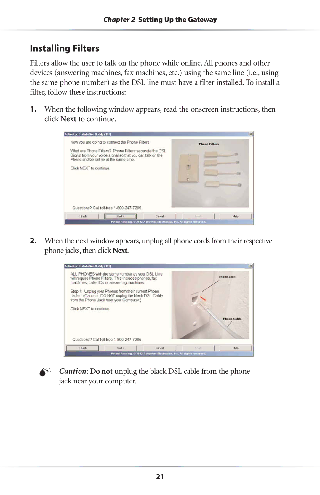 Actiontec electronic GS204AD9-01 user manual Installing Filters 