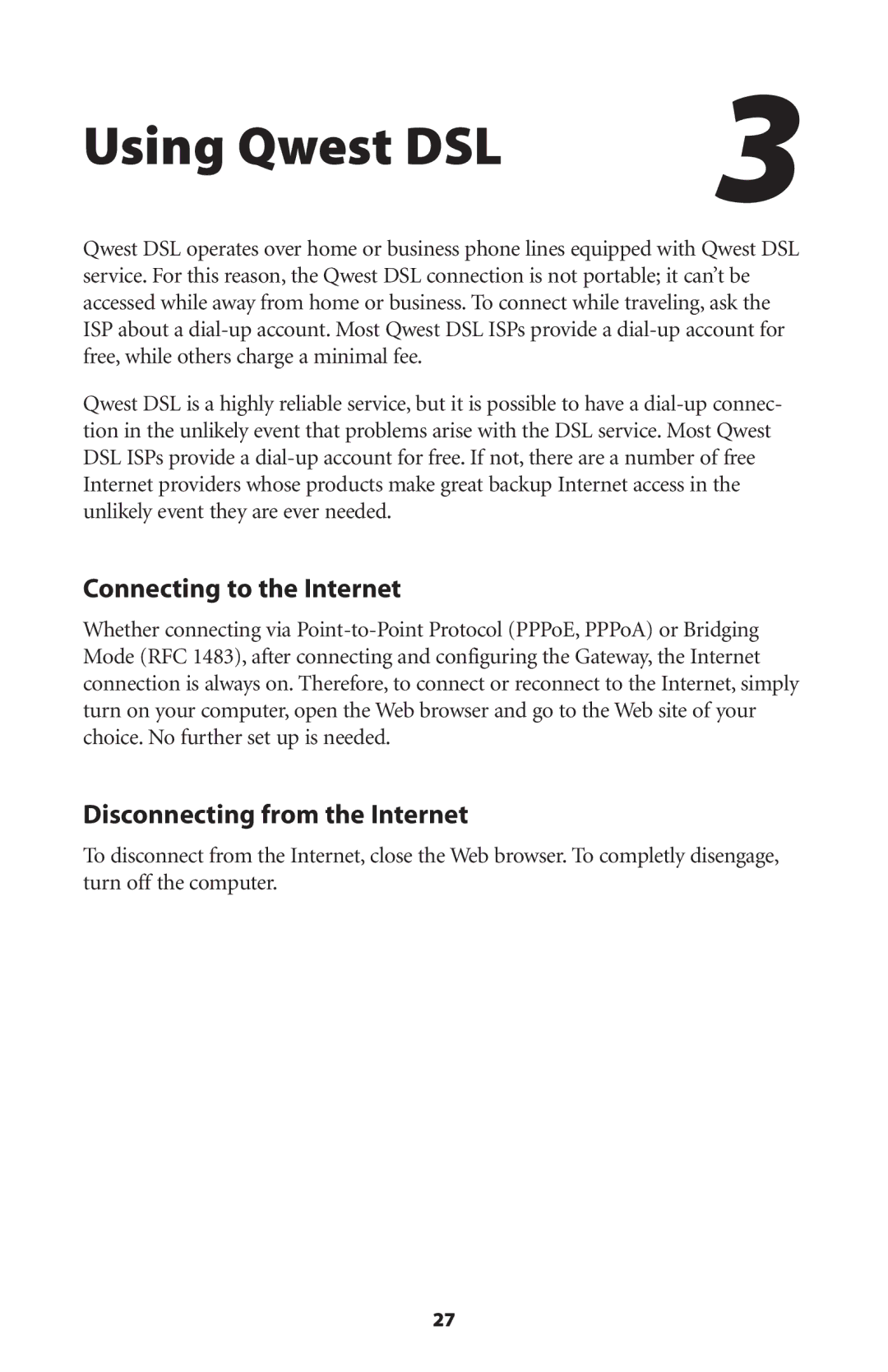 Actiontec electronic GS204AD9-01 user manual Using Qwest DSL, Connecting to the Internet, Disconnecting from the Internet 