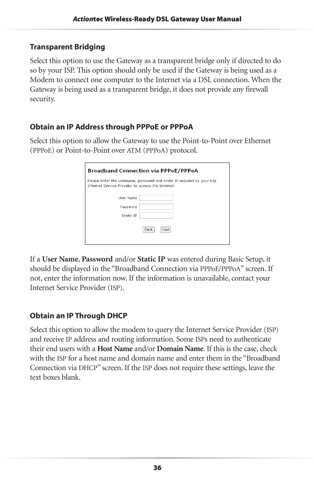 Actiontec electronic GS204AD9-01 user manual Transparent Bridging, Obtain an IP Address through PPPoE or PPPoA 