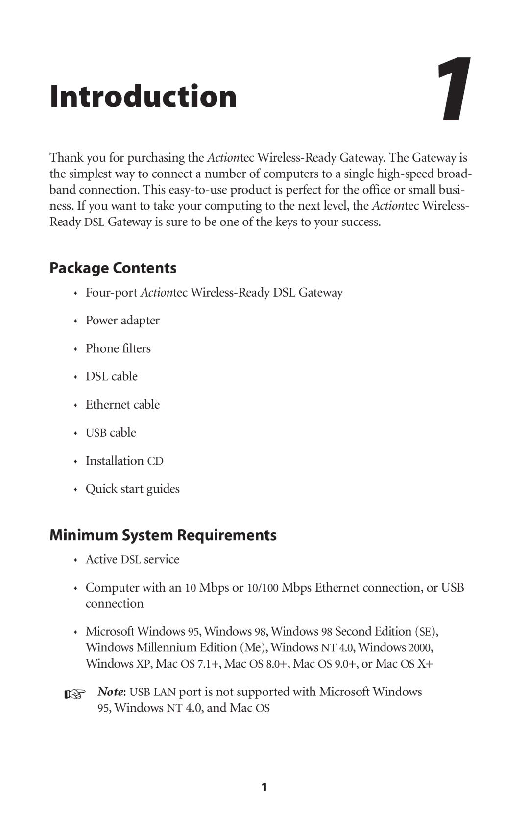 Actiontec electronic GS204AD9-01 user manual Introduction1, Package Contents, Minimum System Requirements 