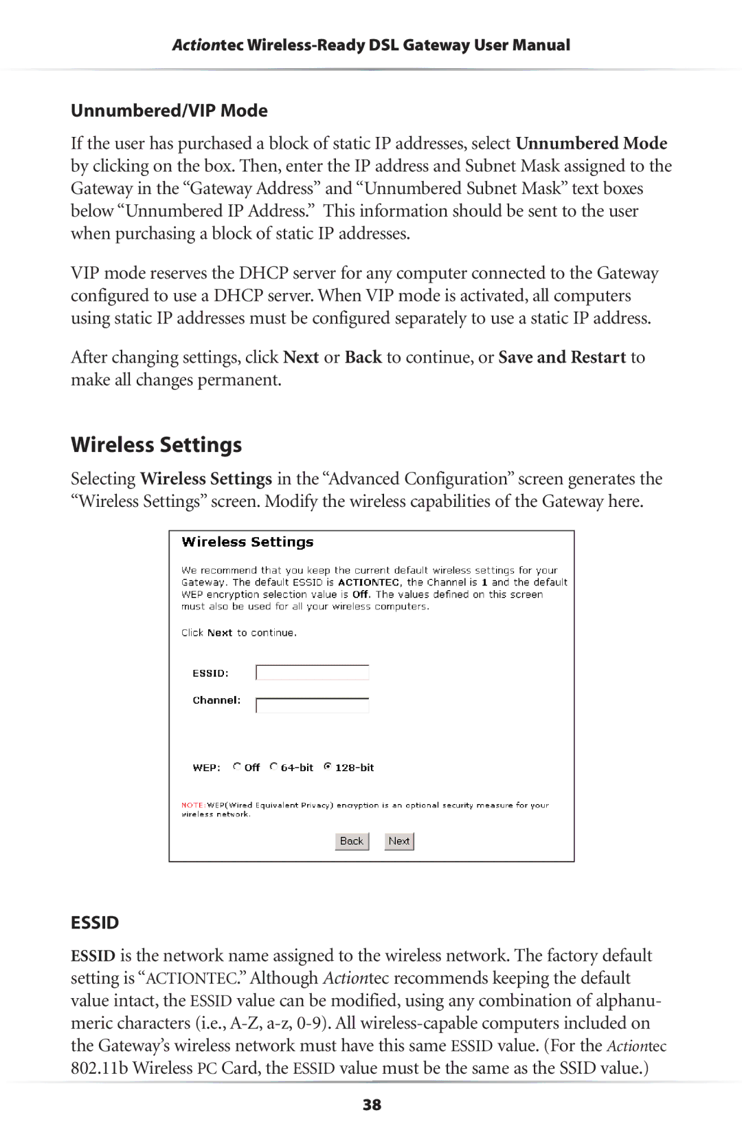 Actiontec electronic GS204AD9-01 user manual Wireless Settings, Unnumbered/VIP Mode 