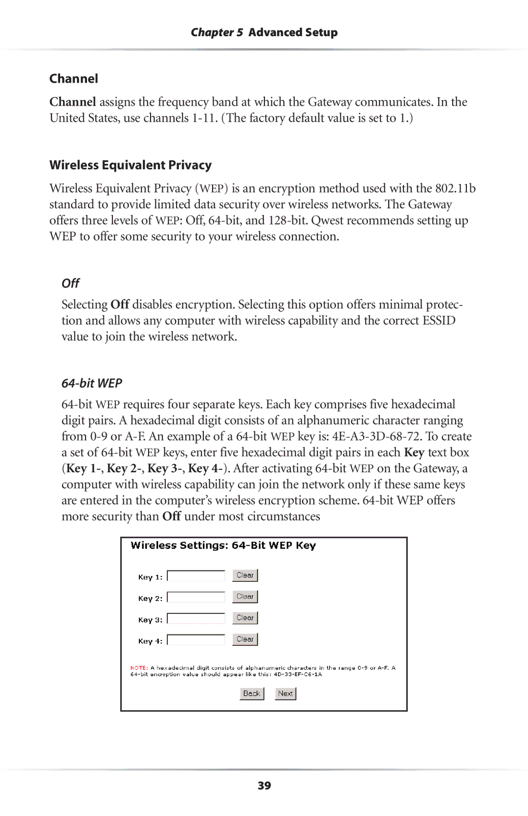 Actiontec electronic GS204AD9-01 user manual Channel, Wireless Equivalent Privacy, Off, Bit WEP 