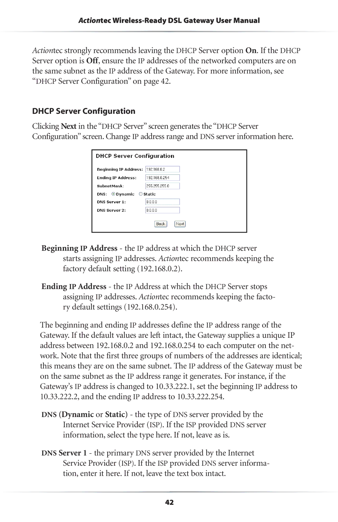 Actiontec electronic GS204AD9-01 user manual Dhcp Server Configuration 