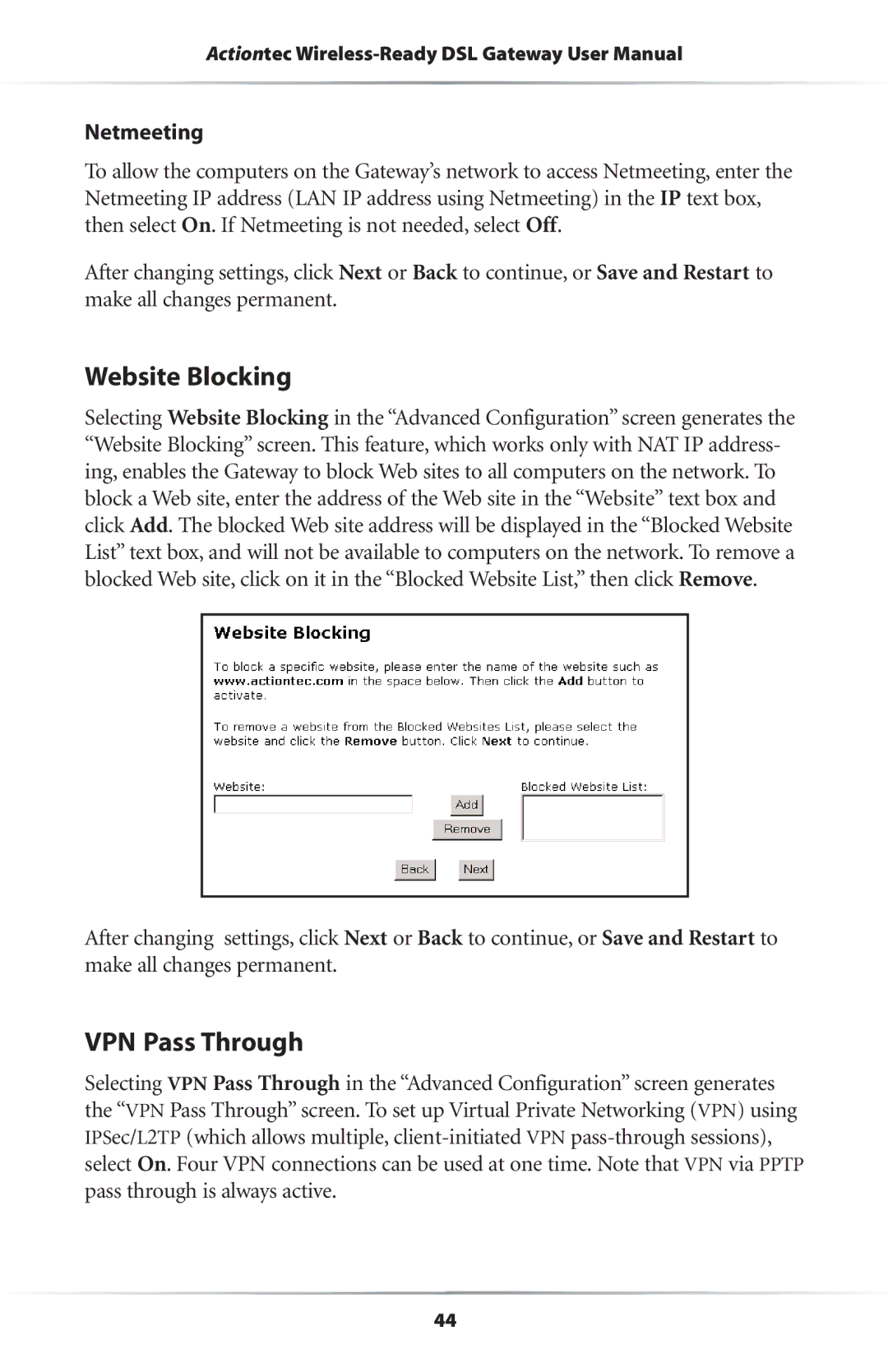 Actiontec electronic GS204AD9-01 user manual Website Blocking, VPN Pass Through, Netmeeting 