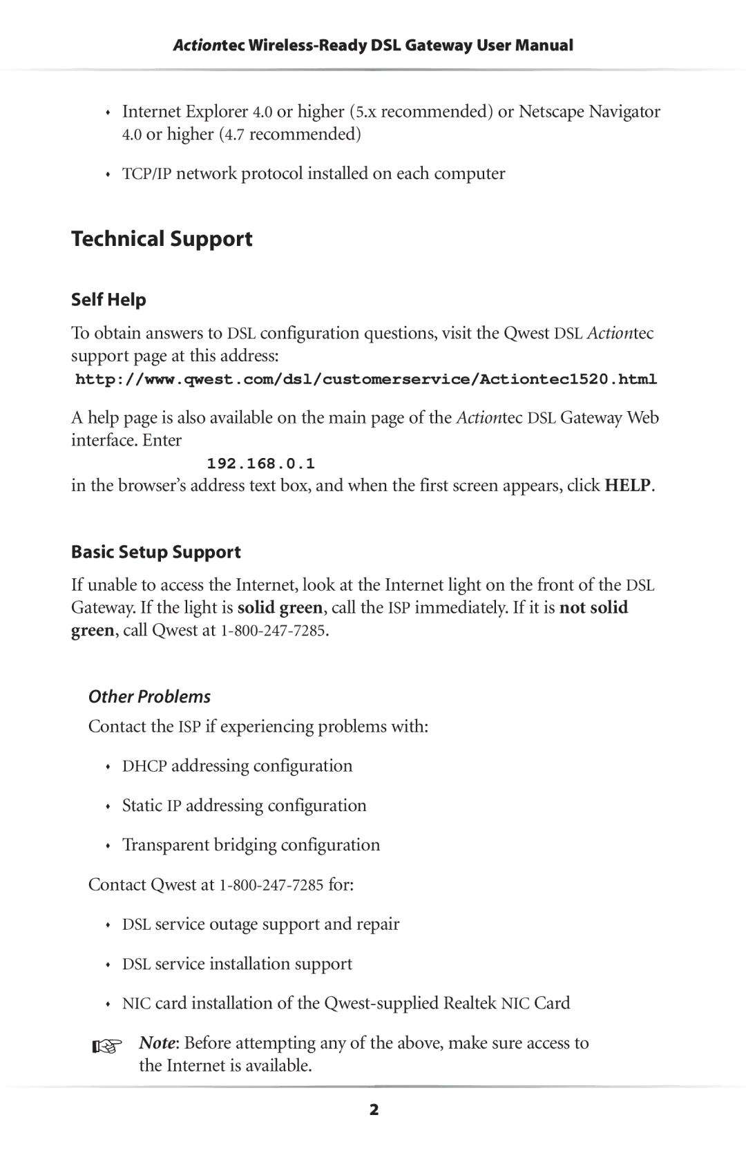 Actiontec electronic GS204AD9-01 user manual Technical Support, Self Help, Basic Setup Support, Other Problems 