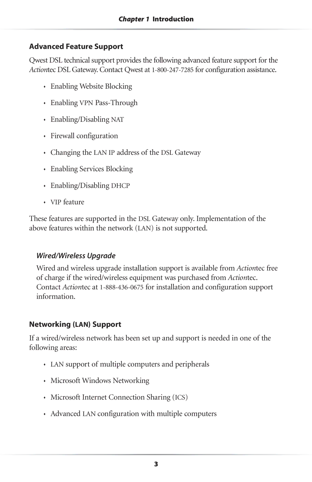 Actiontec electronic GS204AD9-01 user manual Advanced Feature Support, Wired/Wireless Upgrade, Networking LAN Support 