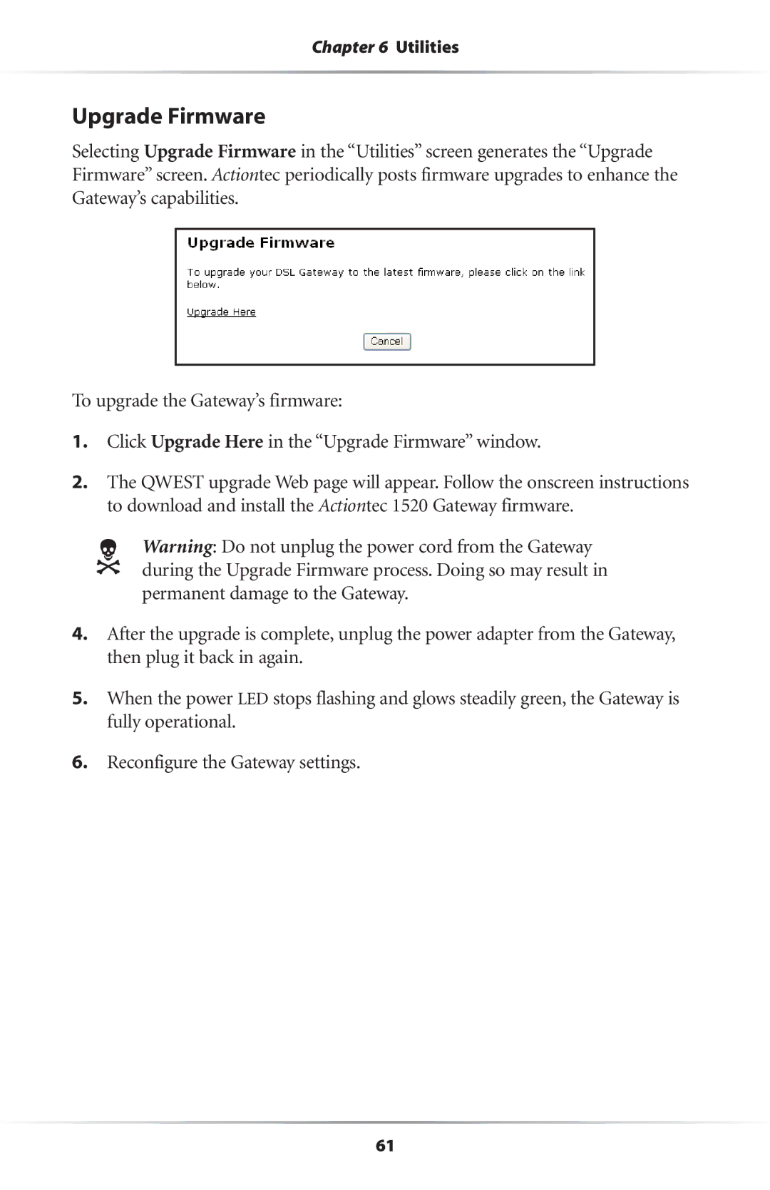 Actiontec electronic GS204AD9-01 user manual Upgrade Firmware 