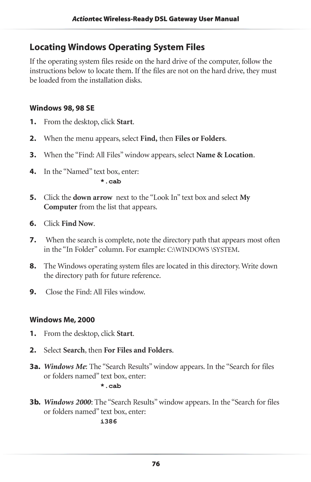 Actiontec electronic GS204AD9-01 user manual Locating Windows Operating System Files, Windows 98, 98 SE, Windows Me 