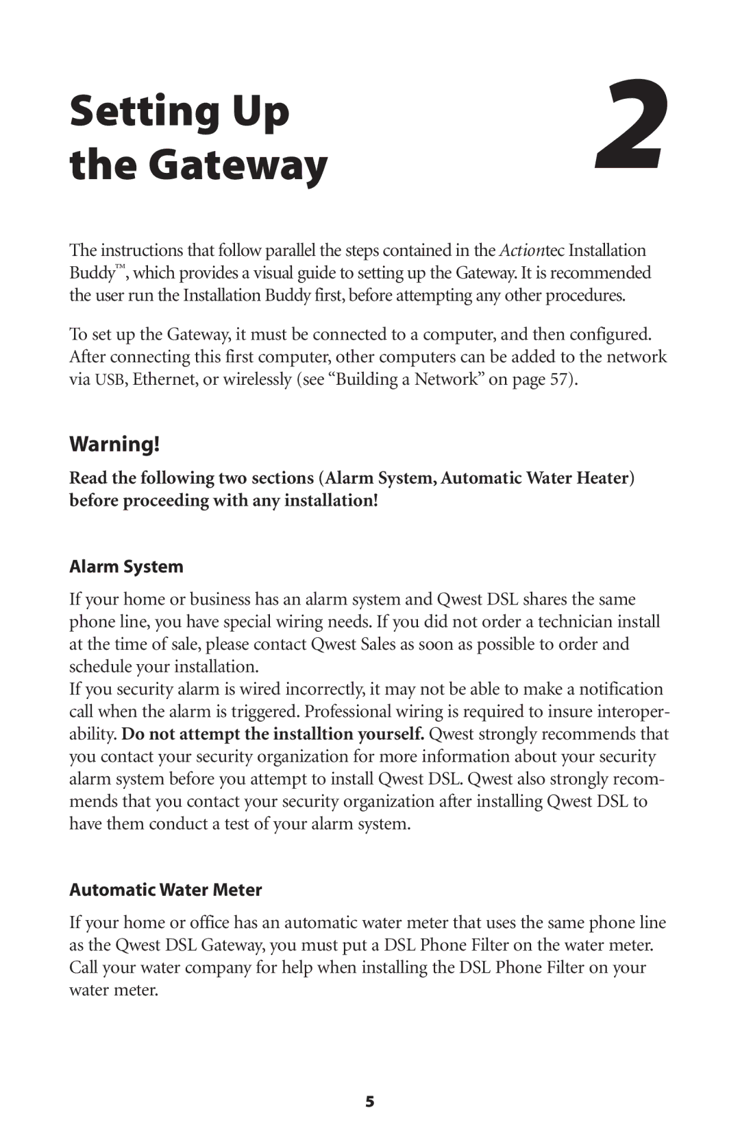 Actiontec electronic GS204AD9-01 user manual Setting Up Gateway, Alarm System, Automatic Water Meter 