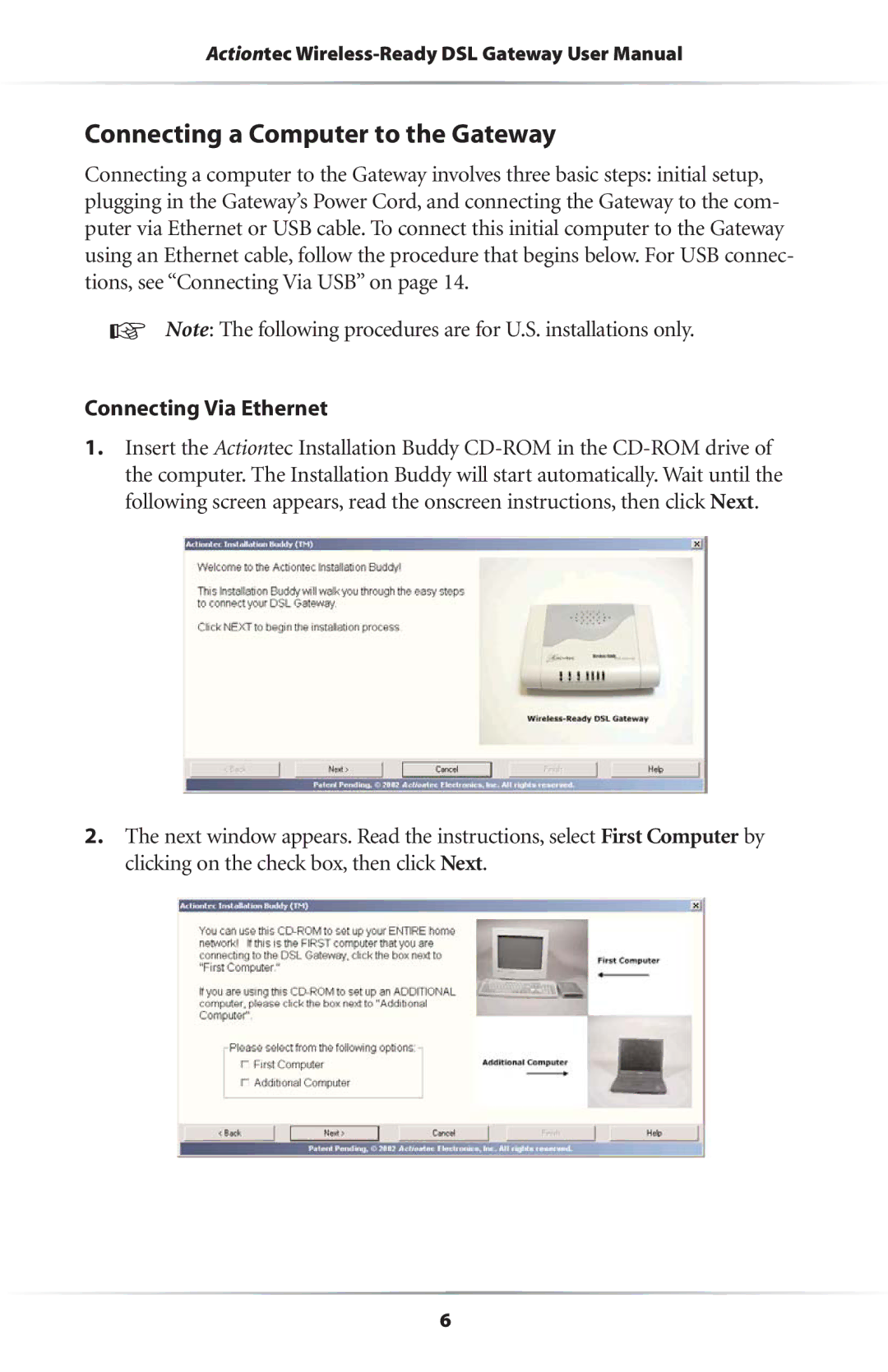 Actiontec electronic GS204AD9-01 user manual Connecting a Computer to the Gateway, Connecting Via Ethernet 