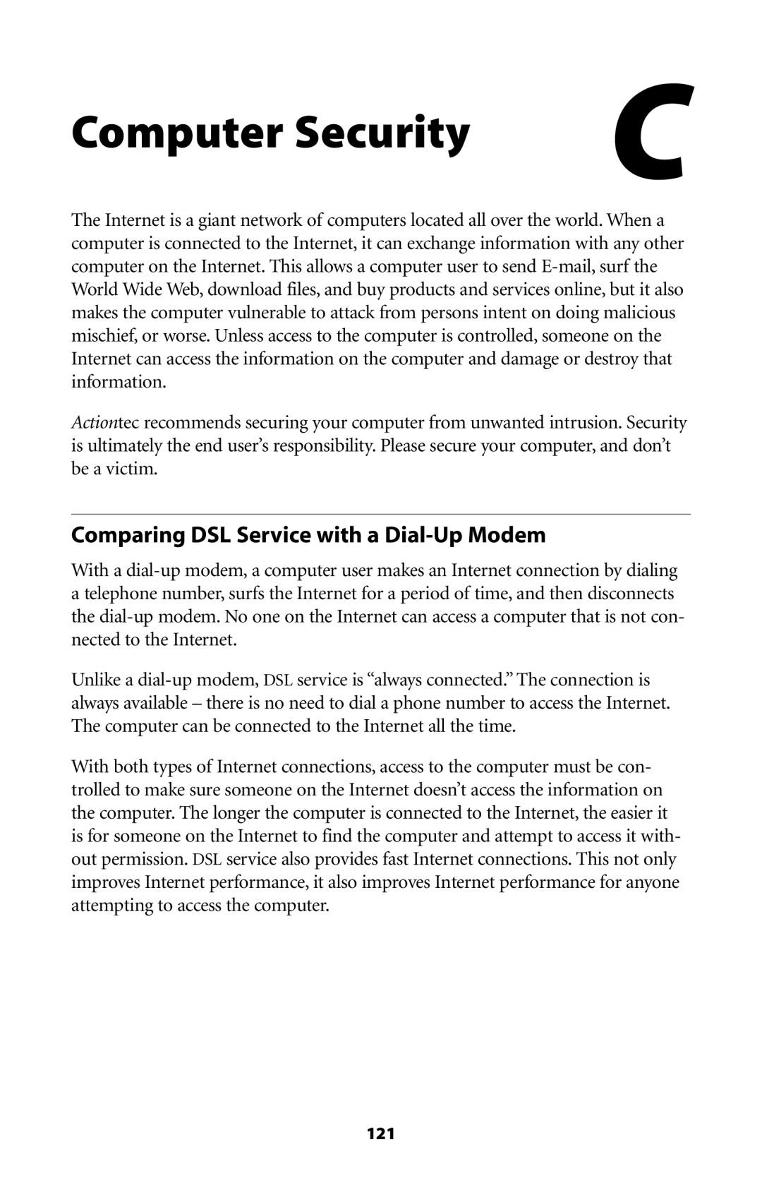 Actiontec electronic GT701-WG user manual Computer Security, Comparing DSL Service with a Dial-Up Modem 