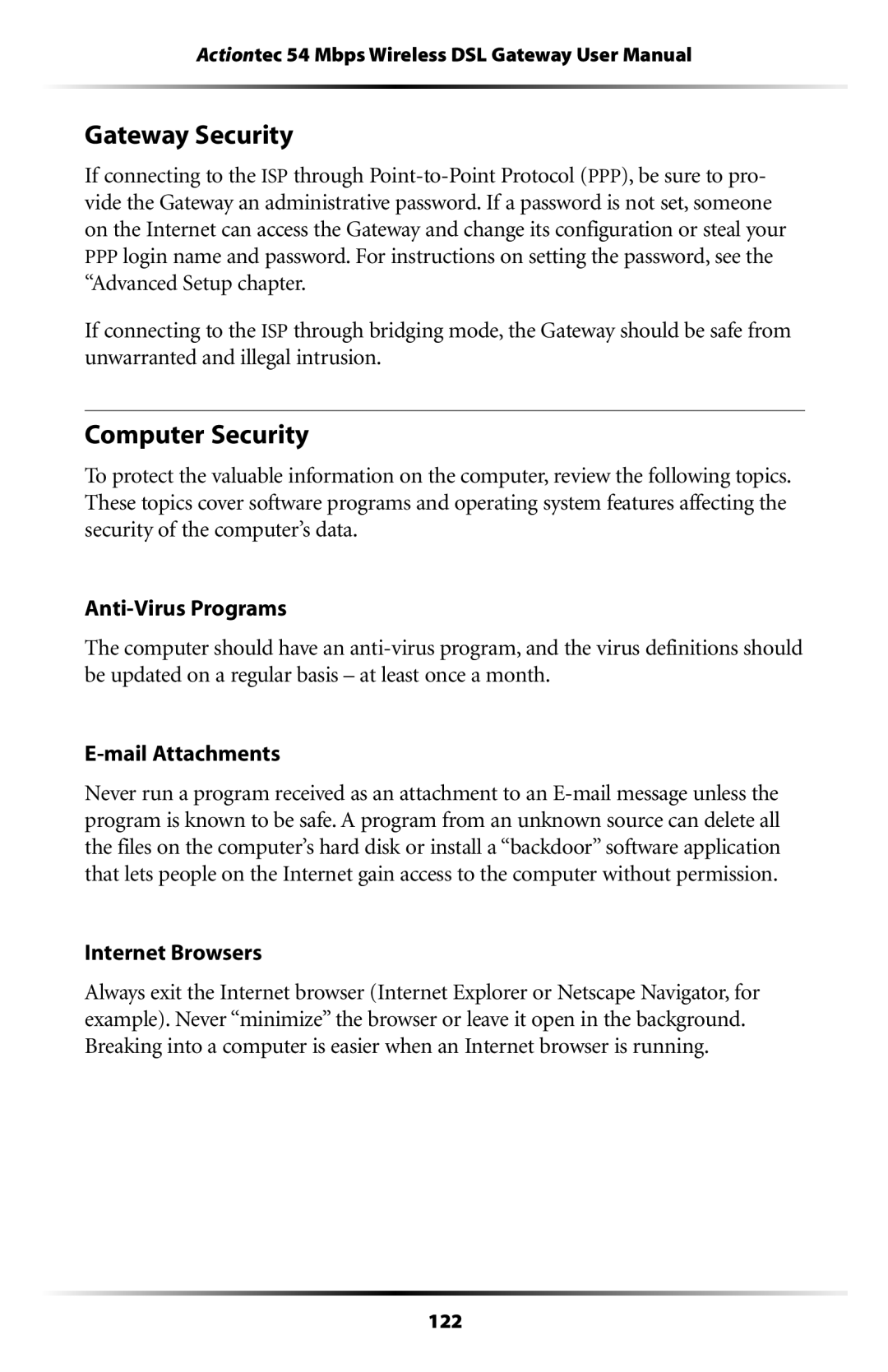 Actiontec electronic GT701-WG user manual Gateway Security, Computer Security, Internet Browsers 