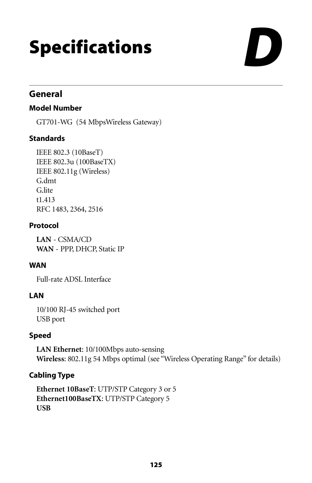 Actiontec electronic GT701-WG user manual Specifications D, General 