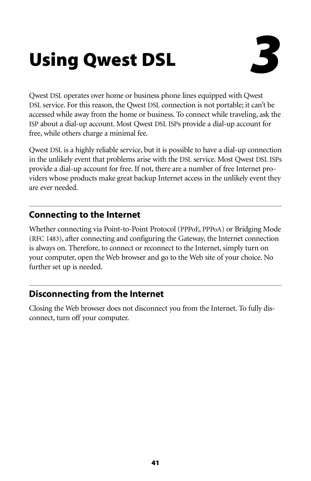 Actiontec electronic GT701-WG user manual Using Qwest DSL, Connecting to the Internet, Disconnecting from the Internet 