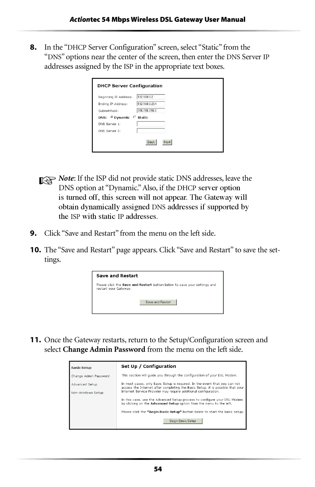 Actiontec electronic GT701-WG user manual Dhcp Server Configuration screen, select Static from 