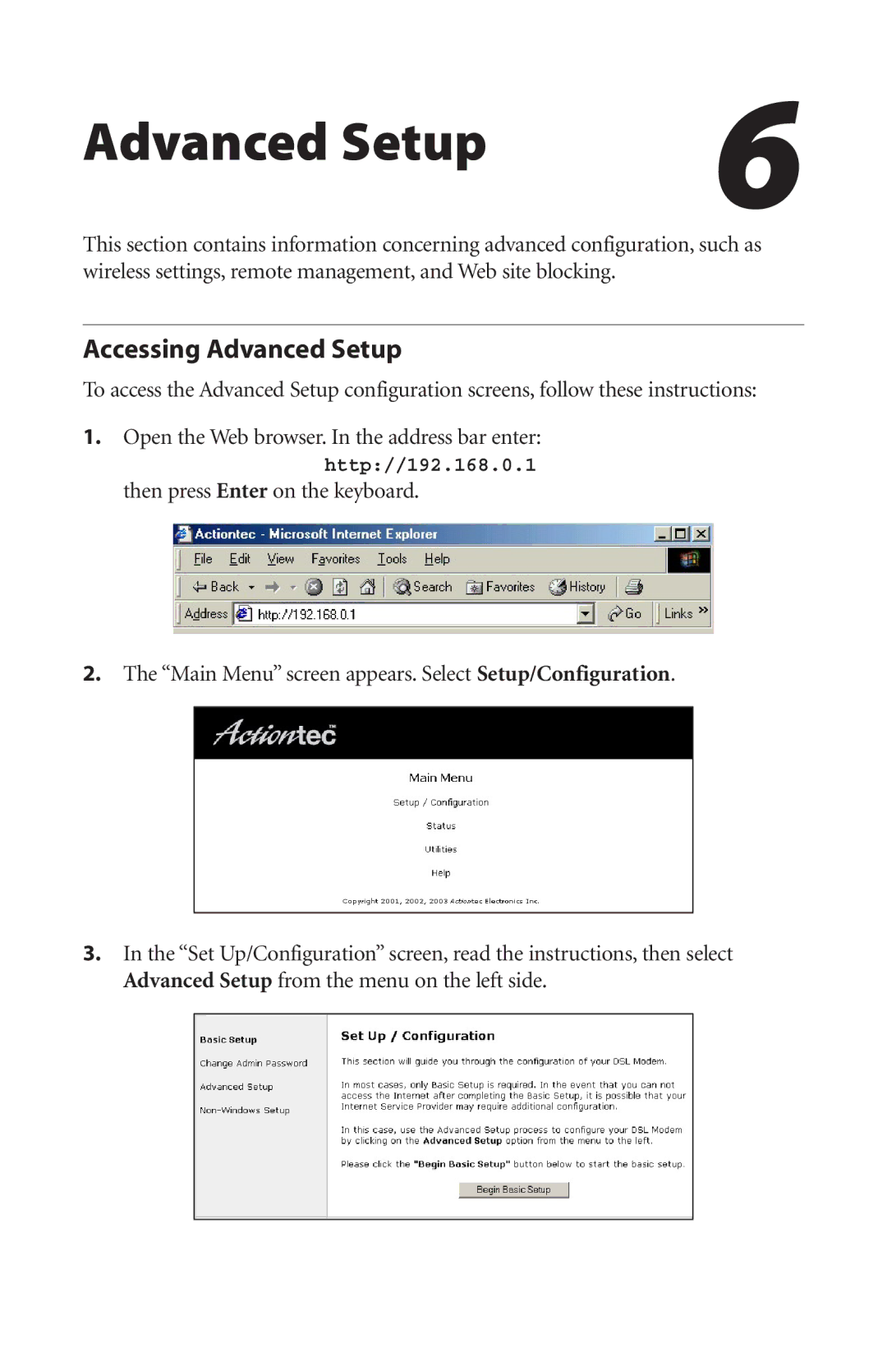 Actiontec electronic GT701-WG user manual Accessing Advanced Setup 