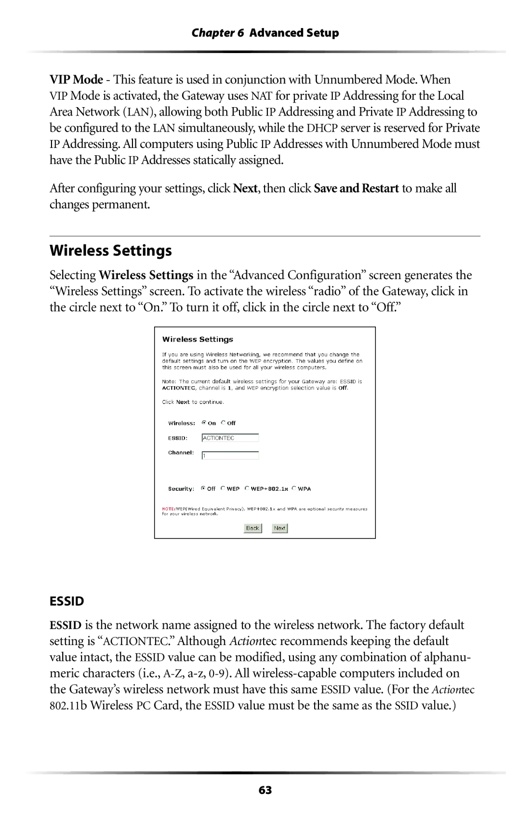 Actiontec electronic GT701-WG user manual Wireless Settings, Essid 