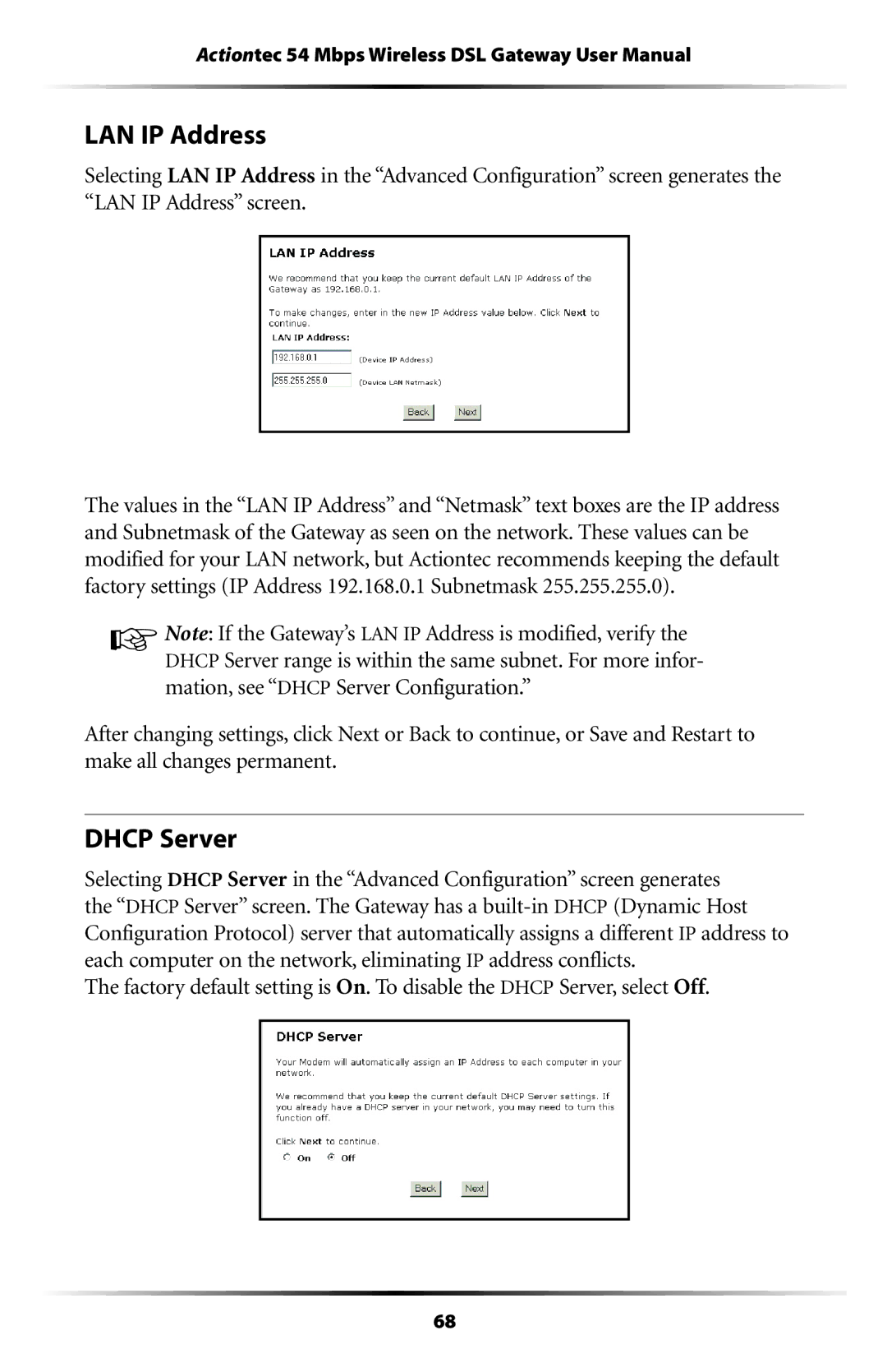 Actiontec electronic GT701-WG user manual LAN IP Address, Dhcp Server 