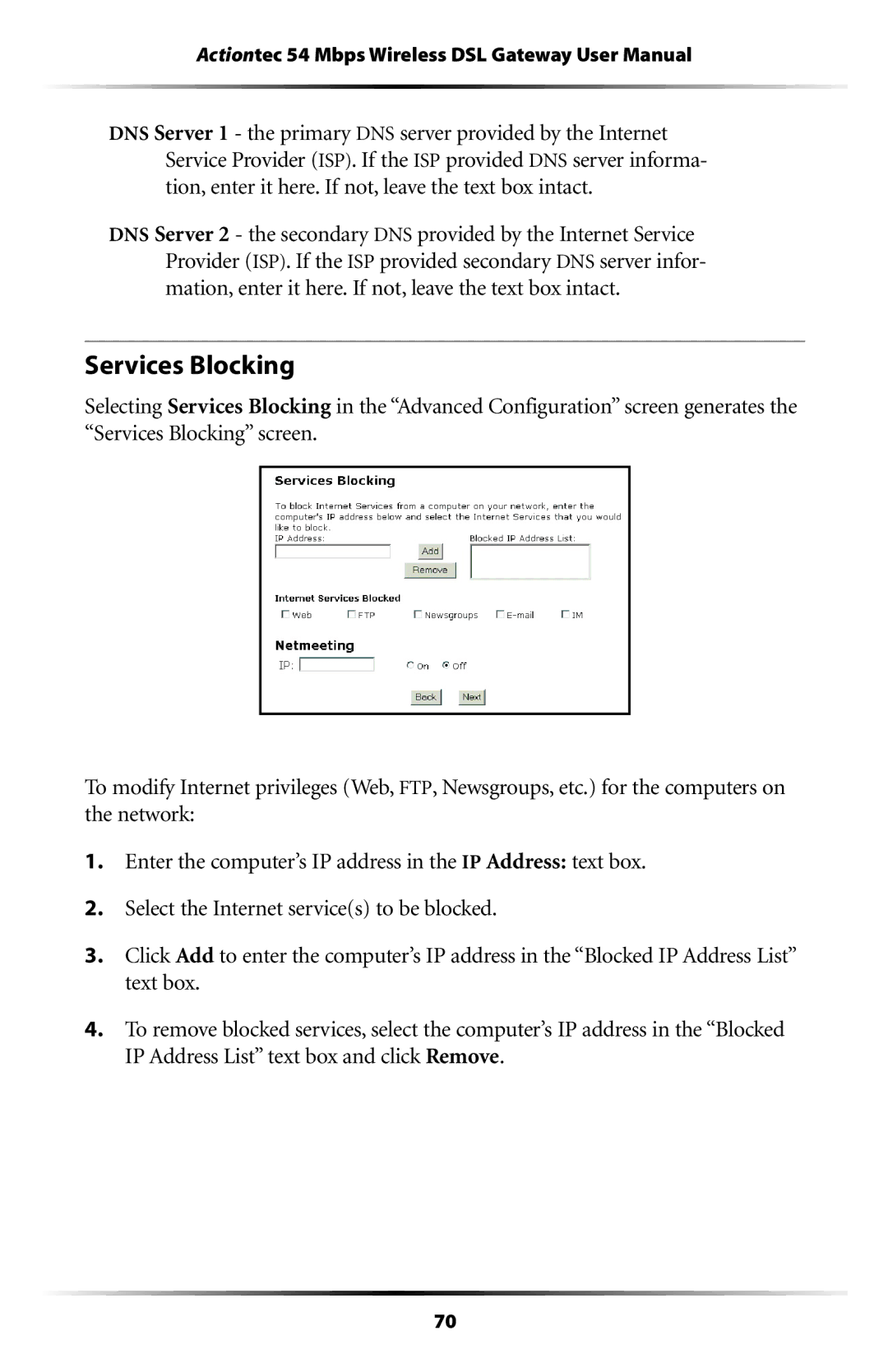 Actiontec electronic GT701-WG user manual Services Blocking 