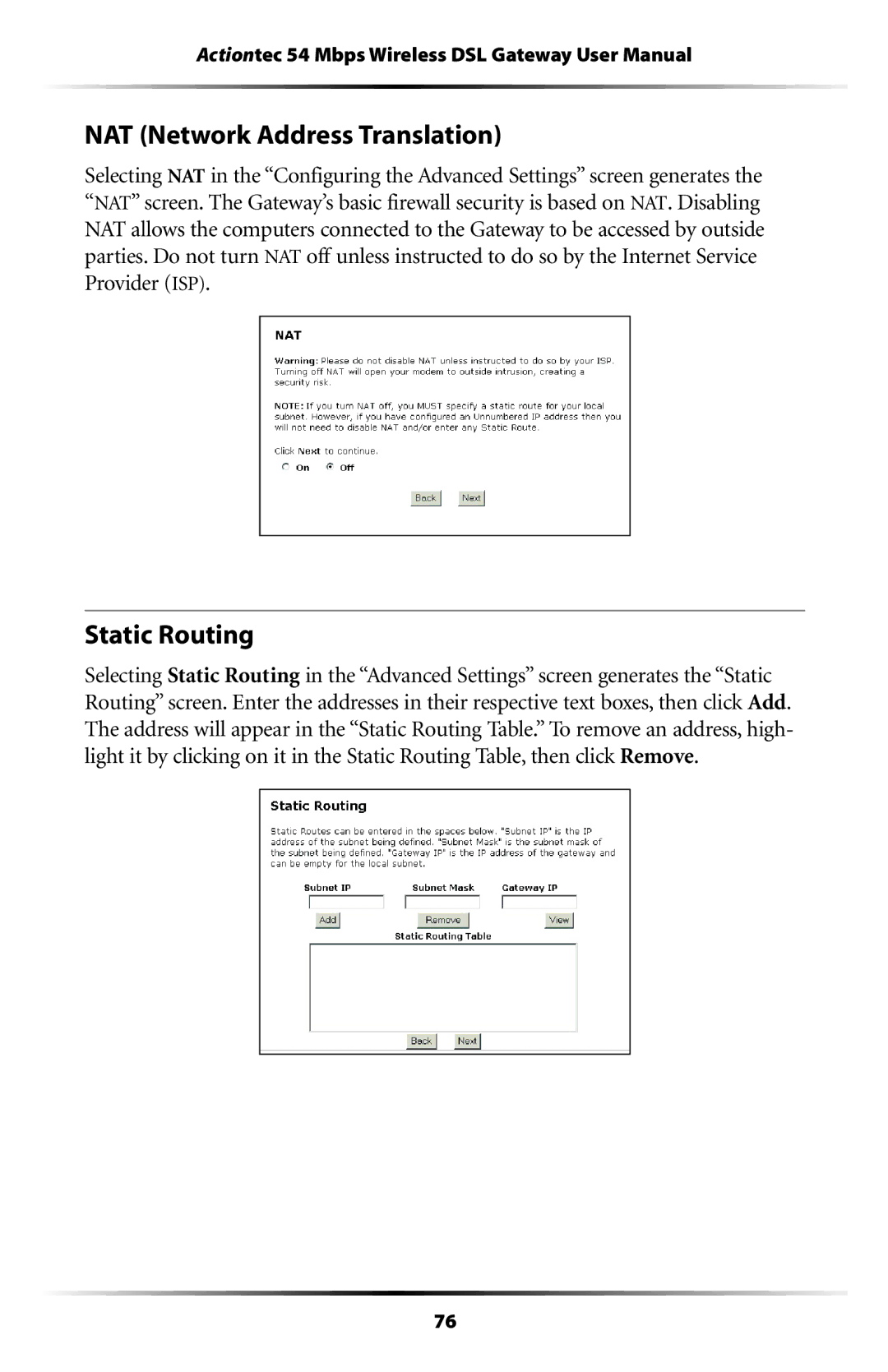 Actiontec electronic GT701-WG user manual NAT Network Address Translation, Static Routing 