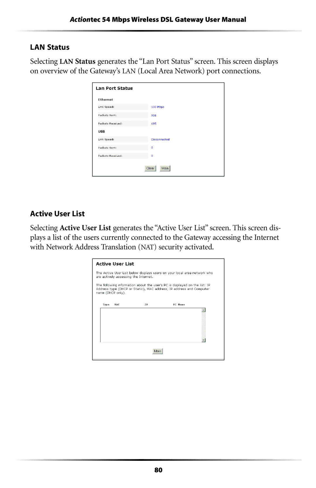 Actiontec electronic GT701-WG user manual LAN Status, Active User List 