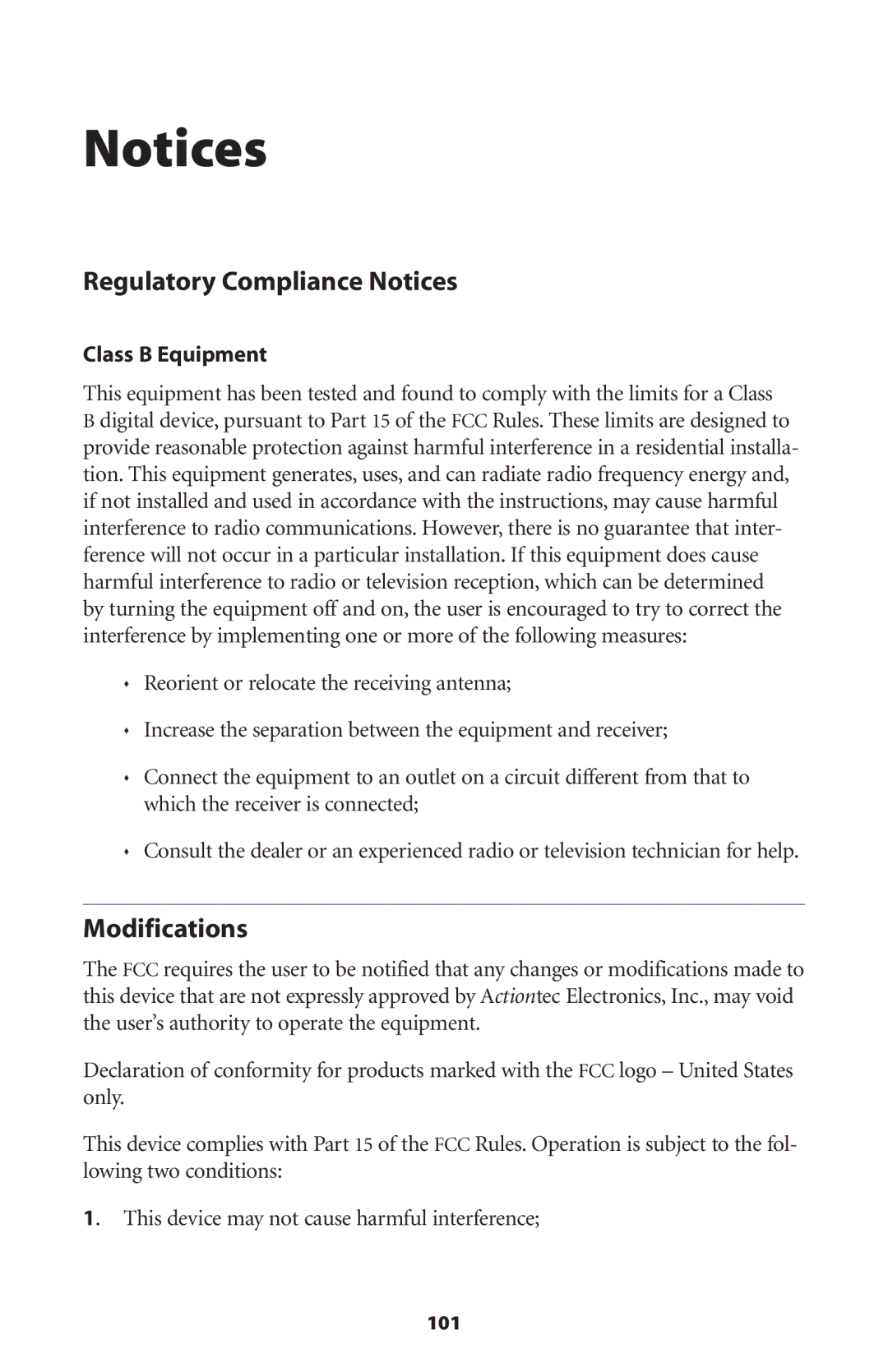 Actiontec electronic GT701 user manual Regulatory Compliance Notices, Modifications, Class B Equipment 