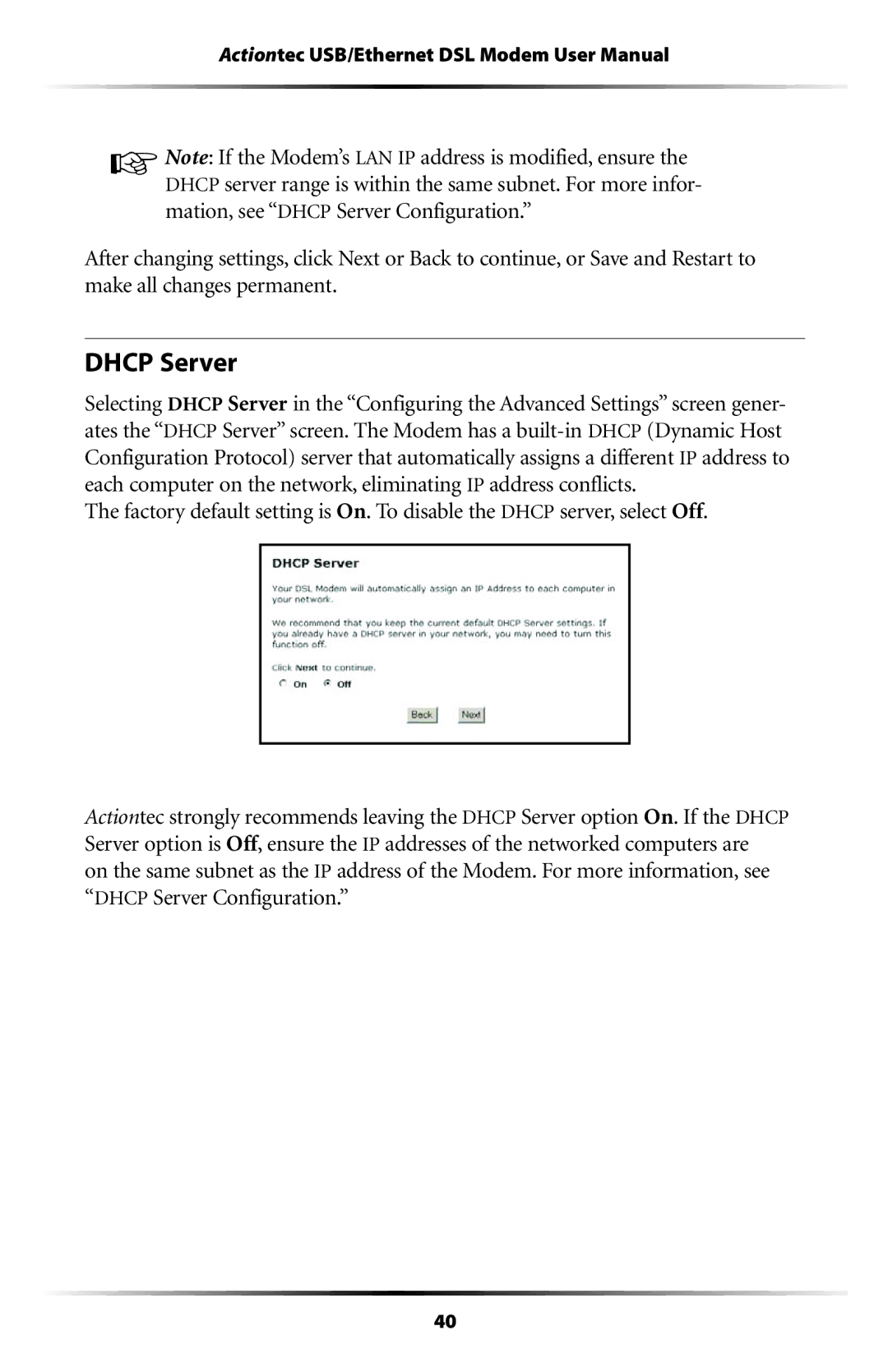 Actiontec electronic GT701 user manual Dhcp Server 