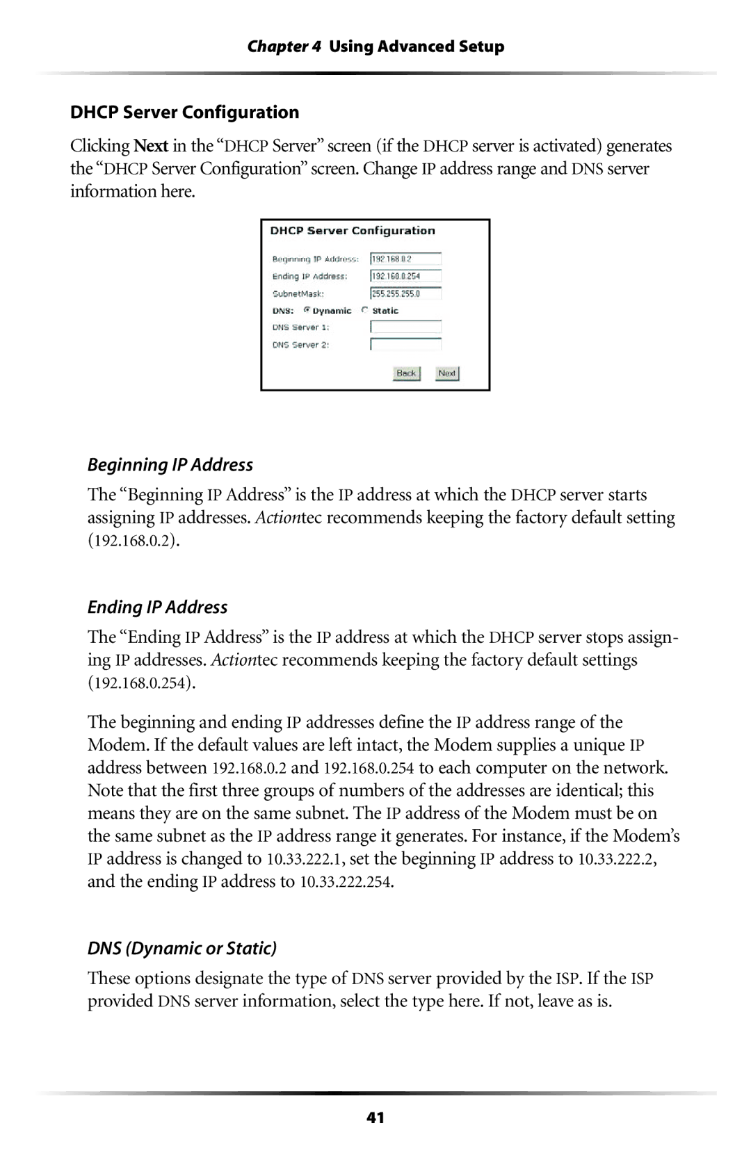 Actiontec electronic GT701 user manual Beginning IP Address, Ending IP Address, DNS Dynamic or Static 