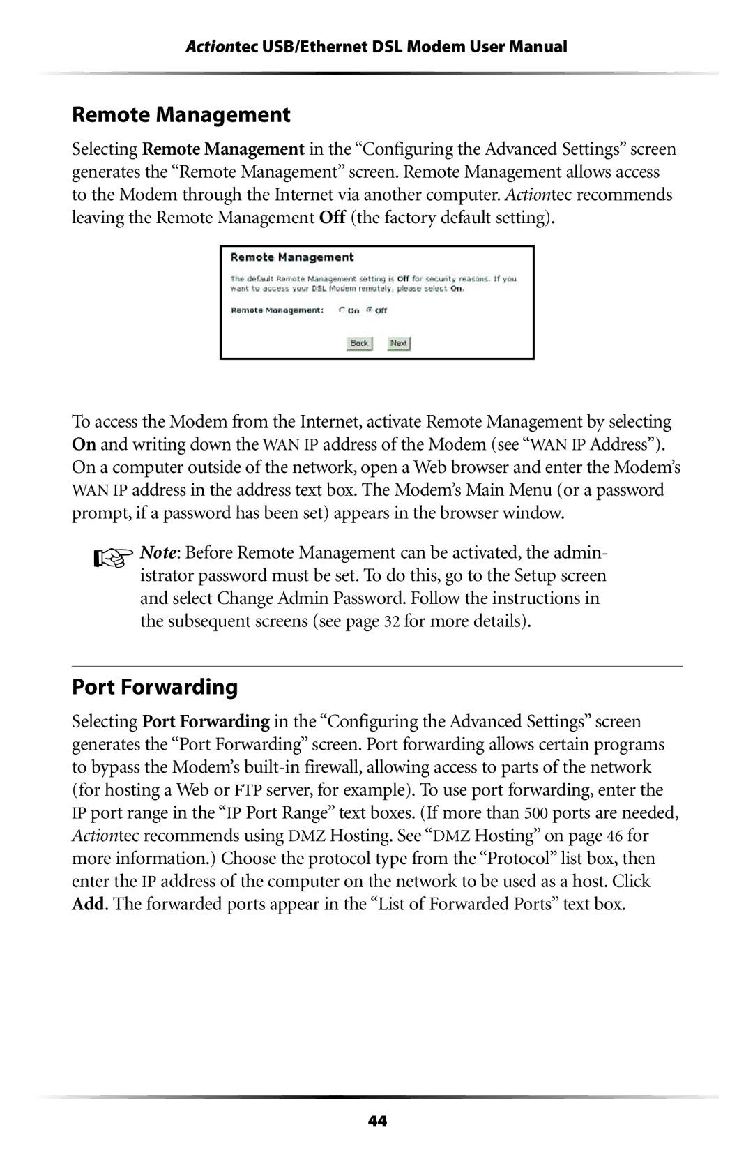 Actiontec electronic GT701 user manual Remote Management, Port Forwarding 