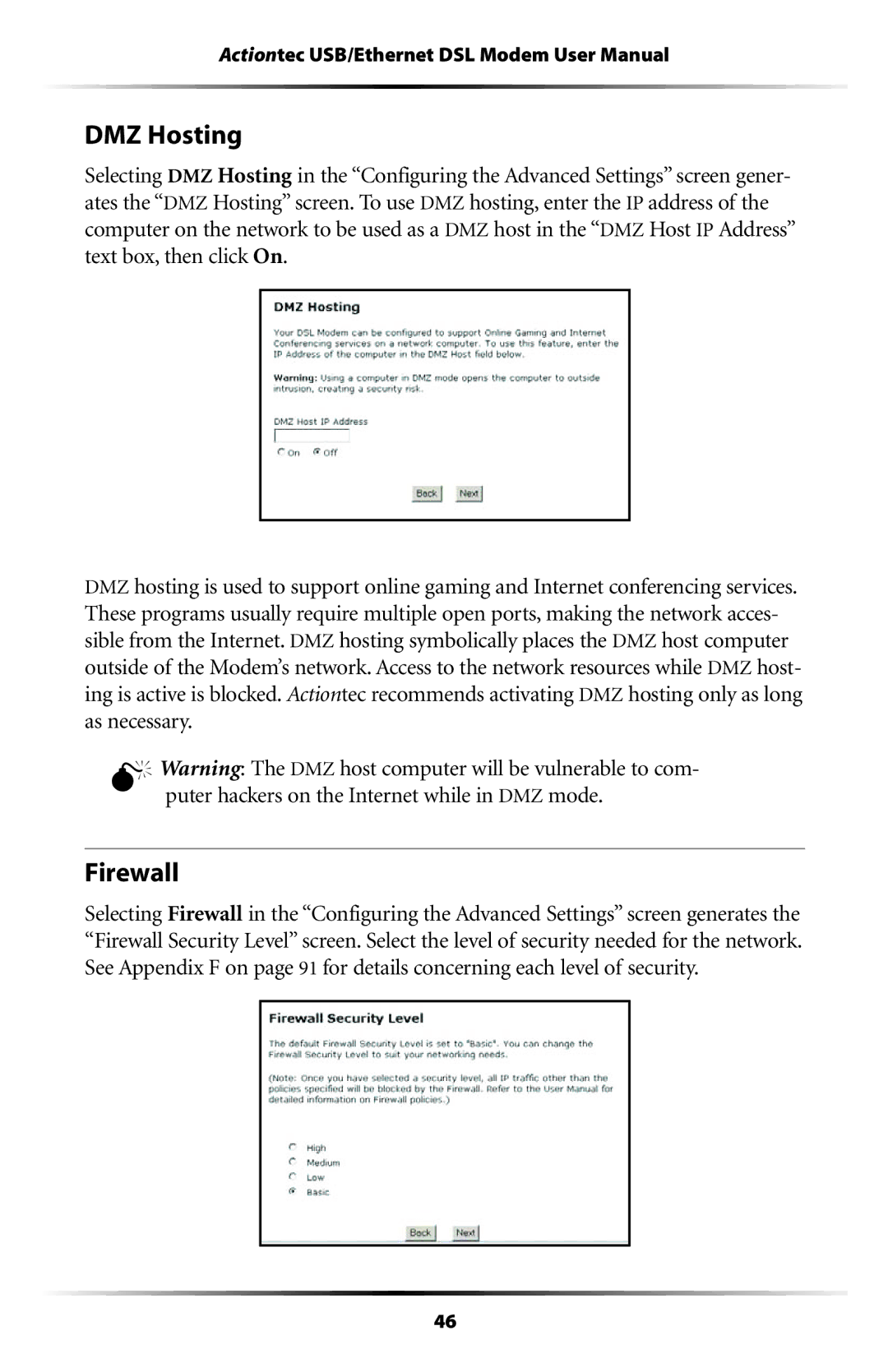 Actiontec electronic GT701 user manual DMZ Hosting, Firewall 