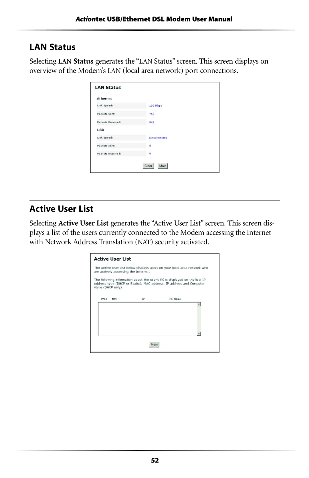 Actiontec electronic GT701 user manual LAN Status, Active User List 