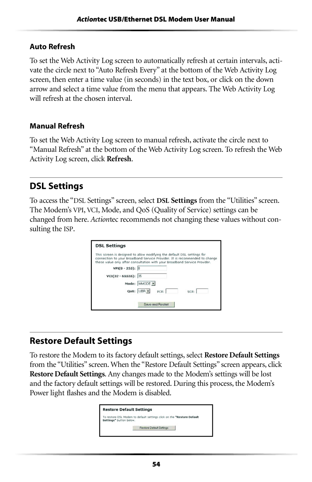 Actiontec electronic GT701 user manual DSL Settings, Restore Default Settings 