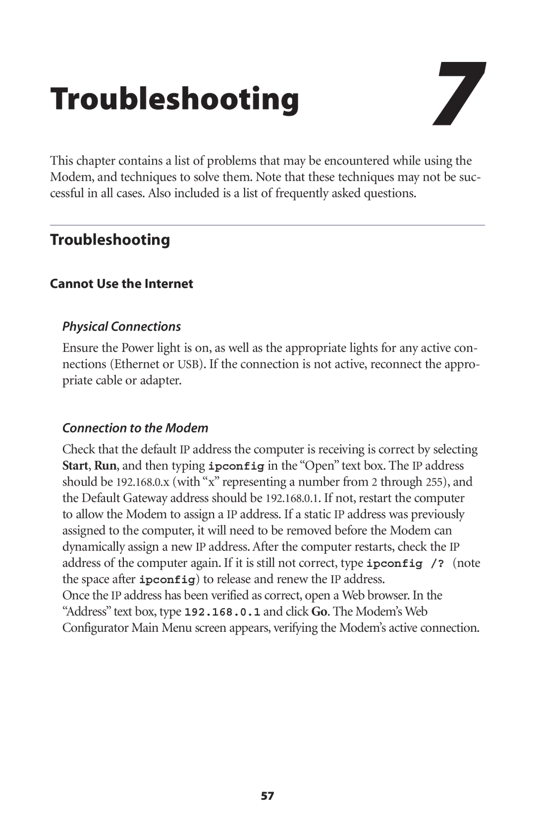 Actiontec electronic GT701 Troubleshooting, Cannot Use the Internet, Physical Connections, Connection to the Modem 