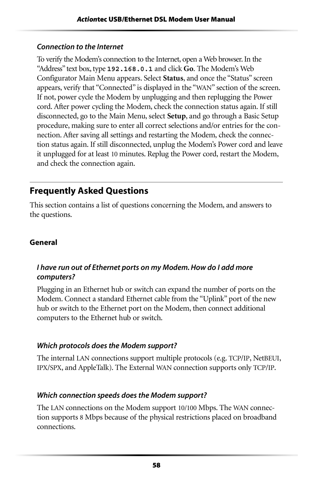 Actiontec electronic GT701 Frequently Asked Questions, Connection to the Internet, Which protocols does the Modem support? 