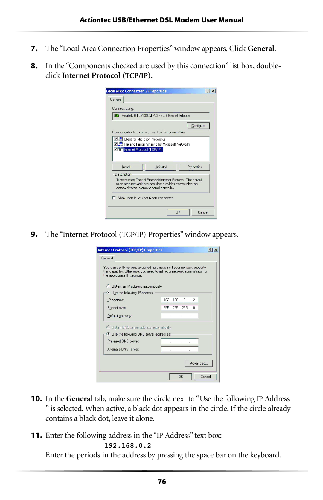 Actiontec electronic GT701 user manual 192.168.0.2 